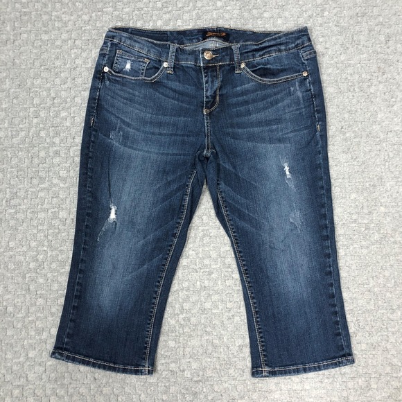 Seven7 Denim - Seven7 Capri Jeans Womens 10 Blue Mid Rise Distressed Embroidered Stretch Denim